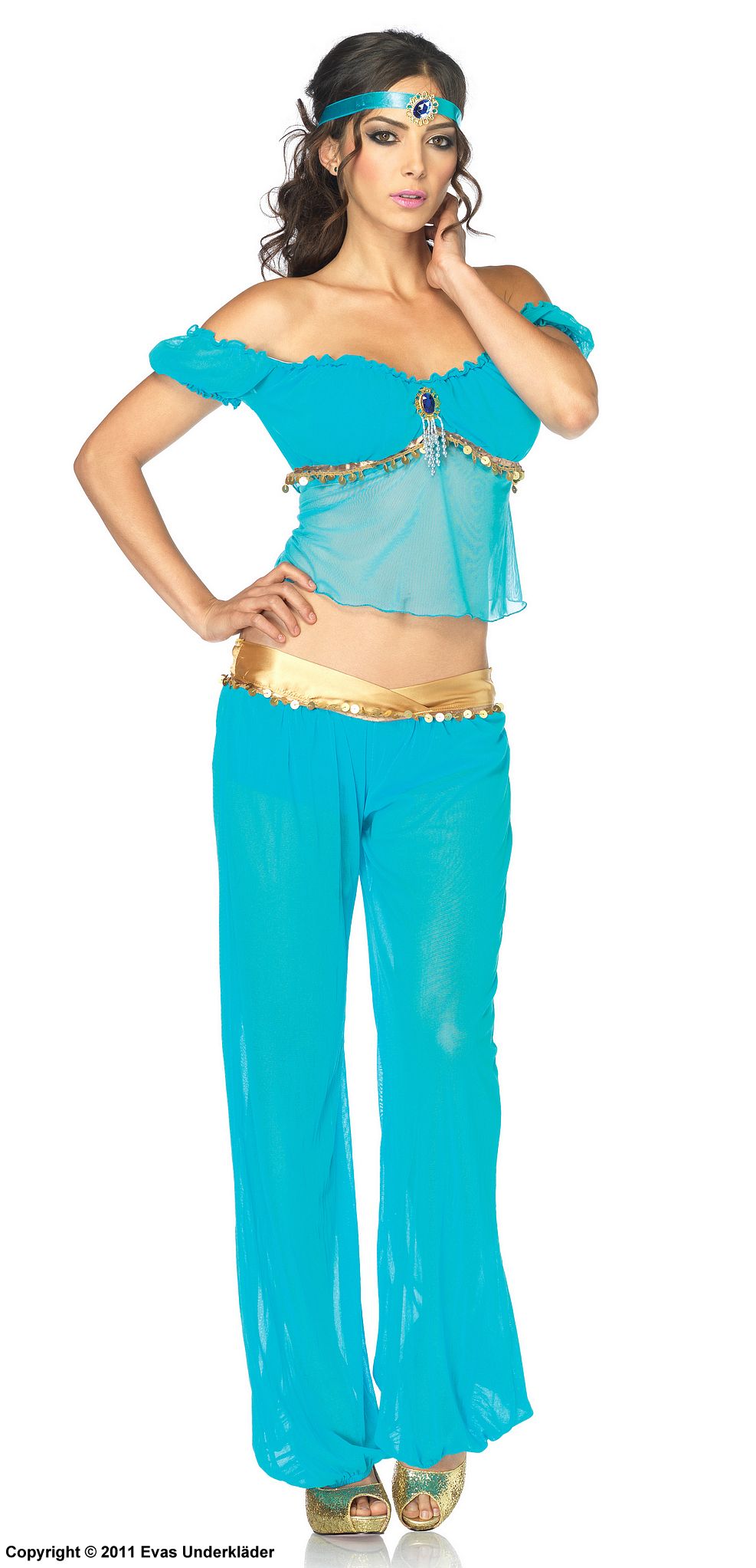 Prinsesse Jasmine fra Aladdin, kostyme-topp og -leggings, strass, off-shoulder